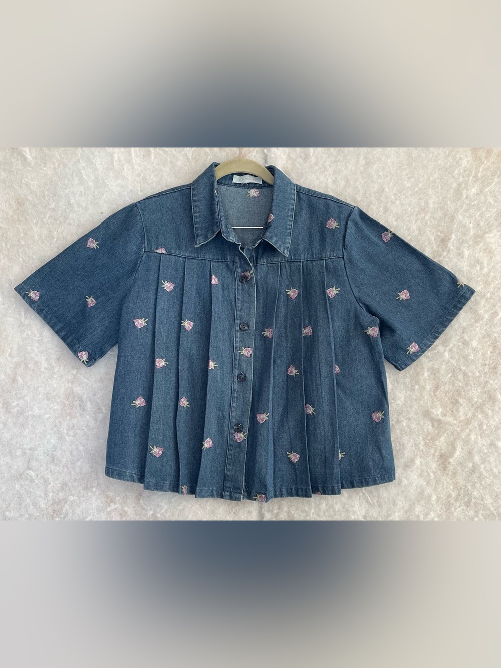 Solitaire Blue Denim Top with Pink Floral Embroidery (SKU716)